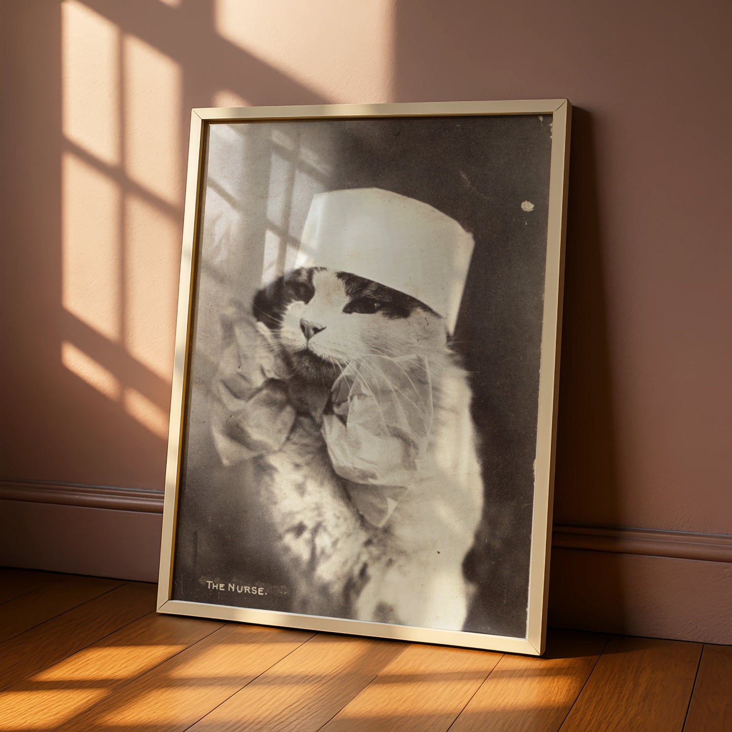Halloween Cat Nurse Poster, Vintage Sepia Victorian Animal Wall Art Print