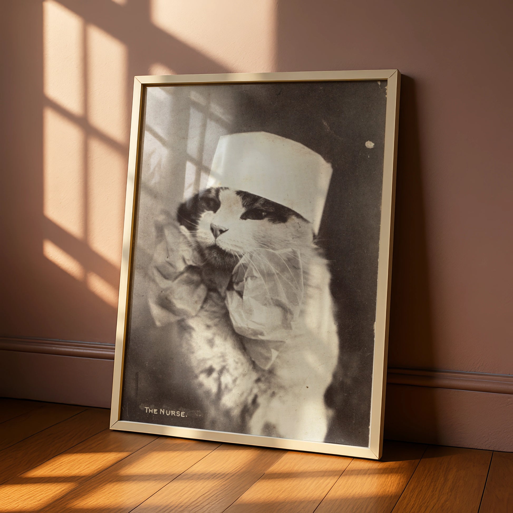 Halloween Cat Nurse Poster, Vintage Sepia Victorian Animal Wall Art Print