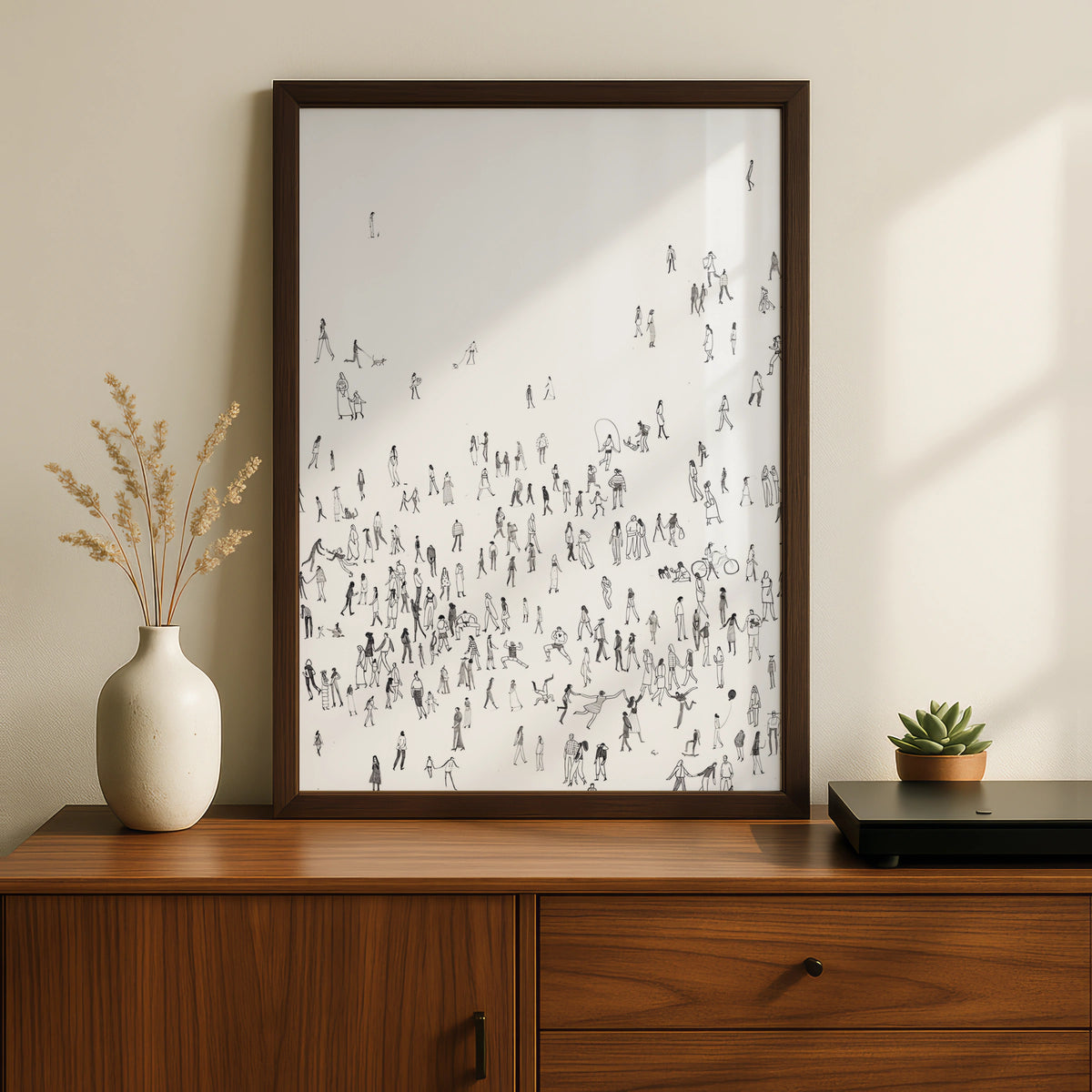 Crowd of People Illustration, Monochrome Wall Art, Minimalist Print, Modern Black and White Poster