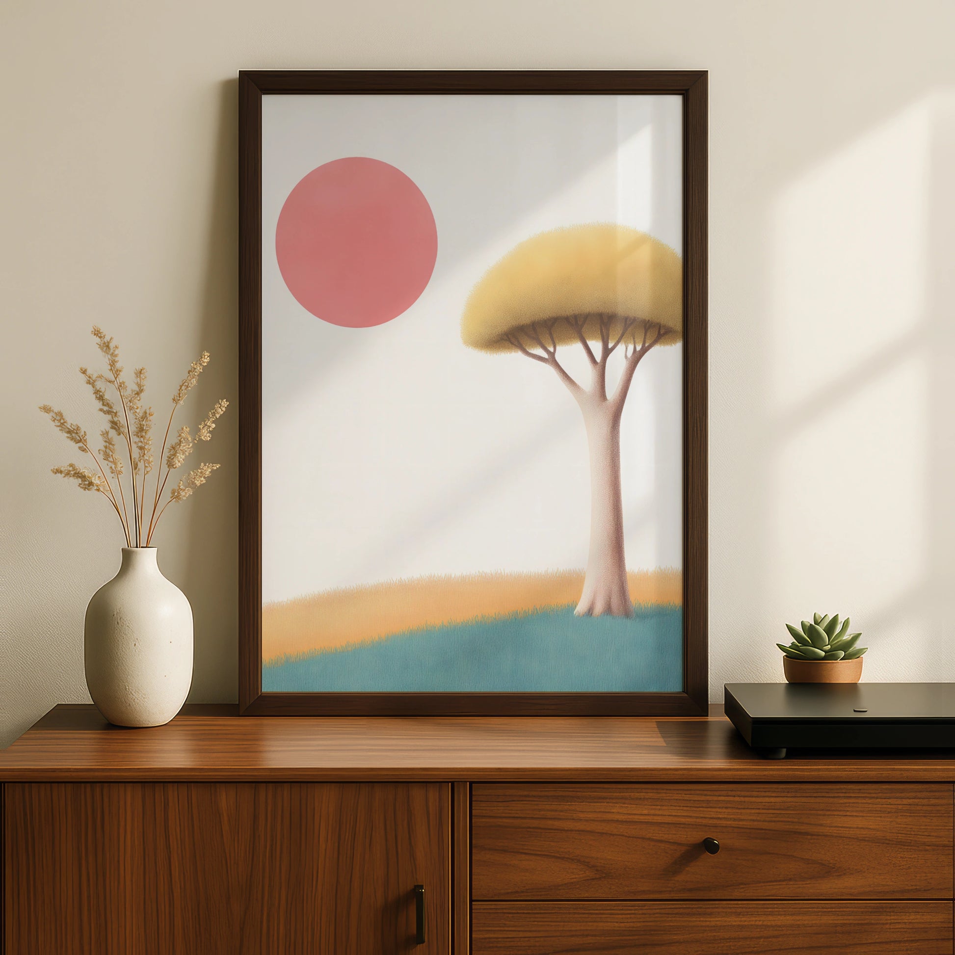 Nursery Wall Art Tree Print, Pink Sun Poster, Minimalist Kids Room Decor, Pastel Colours