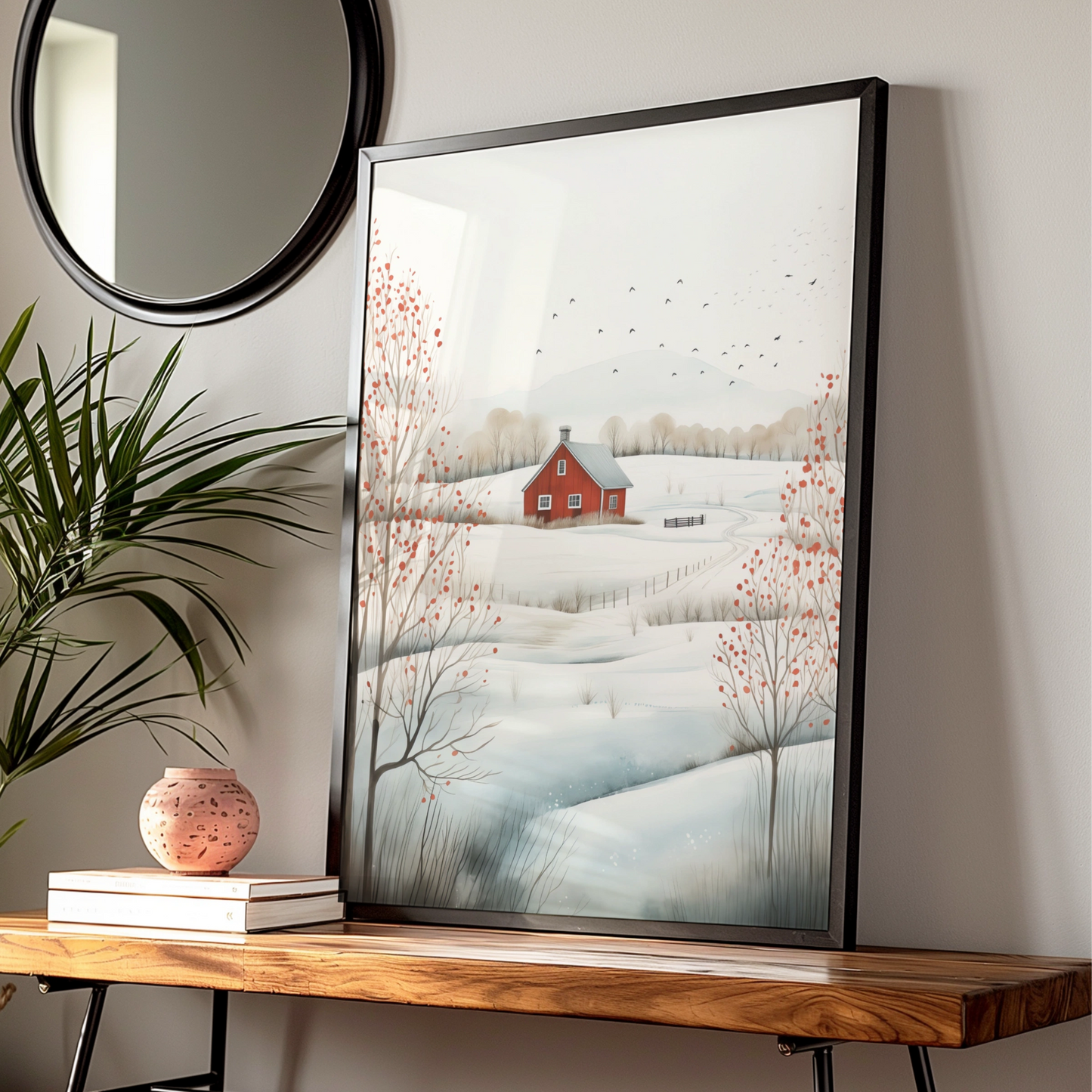 Christmas Winter Landscape Poster, Red Barn Snow Scene, Scandi Farmhouse Wall Art Print