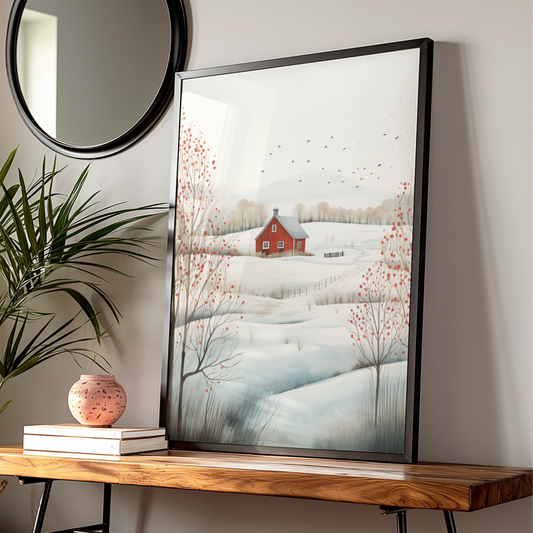 Christmas Winter Landscape Poster, Red Barn Snow Scene, Scandi Farmhouse Wall Art Print