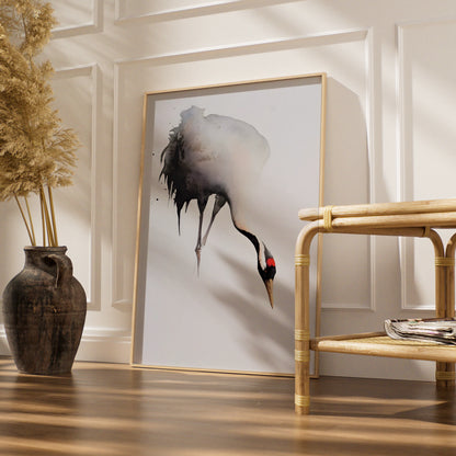 Red-Crowned Crane Print, Japanese Ink Art, Monochrome Bird Poster, Modern Wall Decor