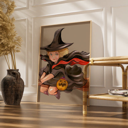 Halloween Witch Poster, Flying Broomstick Wall Art, Pumpkin Witch Print, Spooky Cute Decor