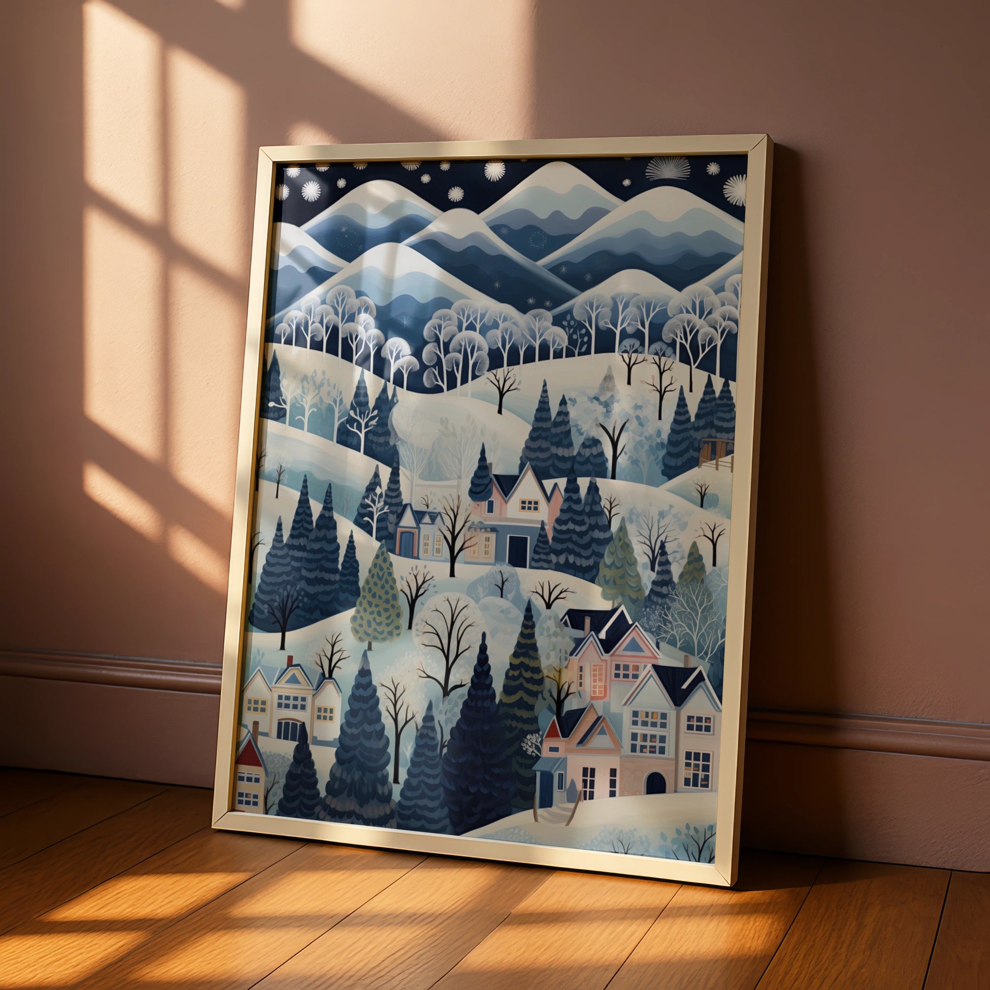Christmas Winter Village Poster, Snowy Scene Wall Art, Blue festive Print, Holiday Home Decor