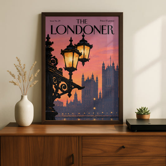 London Sunset Poster, Westminster Wall Art, Vintage Magazine Cover Style Art Print, Lamp Post Decor
