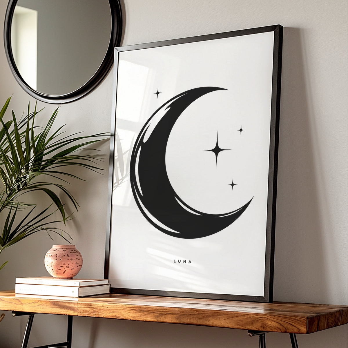 Luna Crescent Moon Print, Black and White Poster, Minimalist Star Wall Art, Celestial Monochrome
