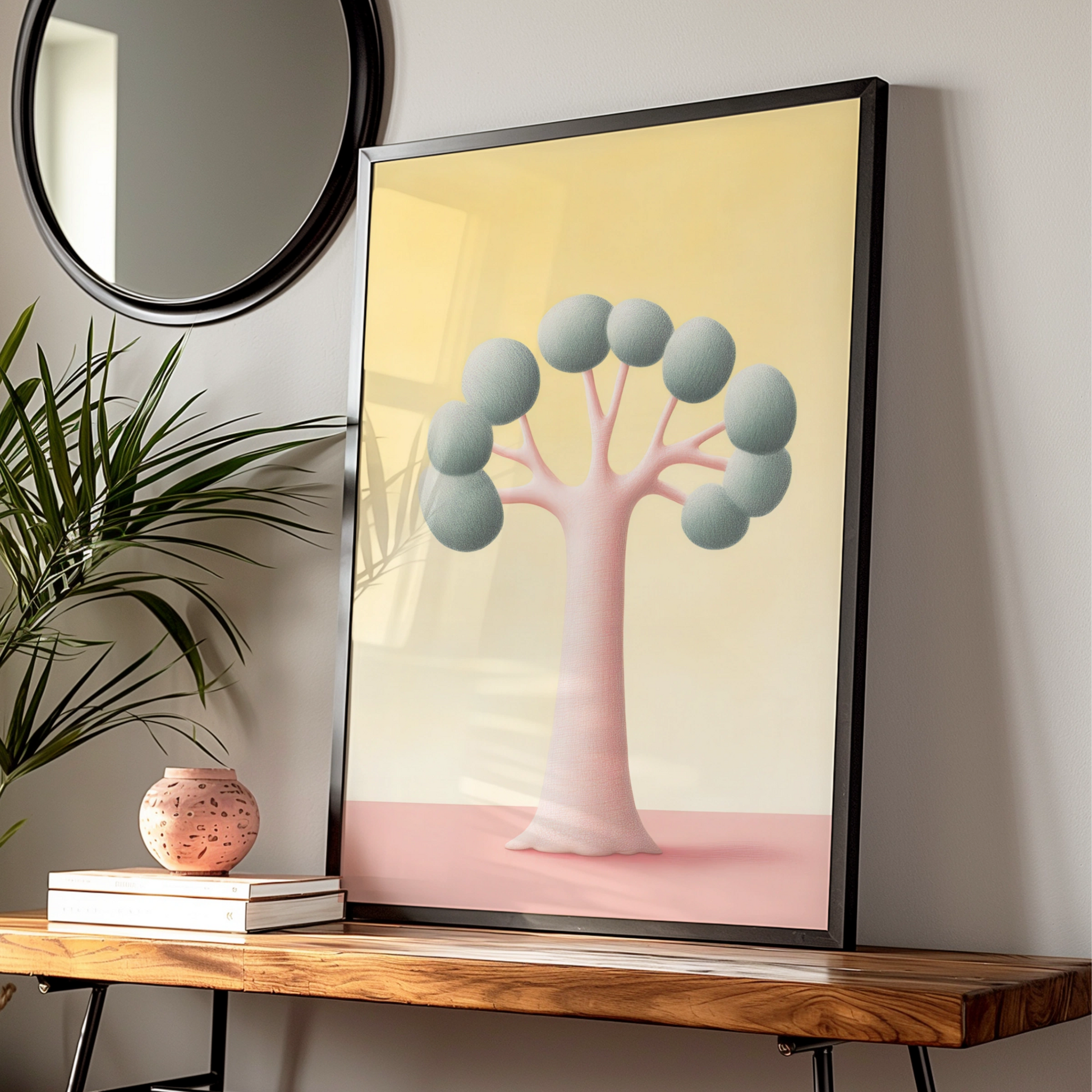 Nursery Tree Wall Art, Pastel Pink Yellow Kids Room Print, Minimalist Baby Decor