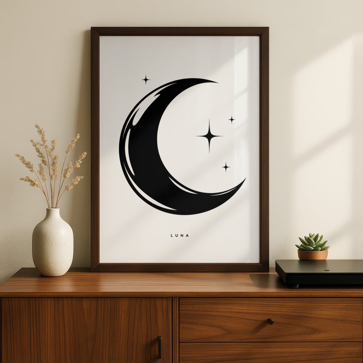 Luna Crescent Moon Print, Black and White Poster, Minimalist Star Wall Art, Celestial Monochrome