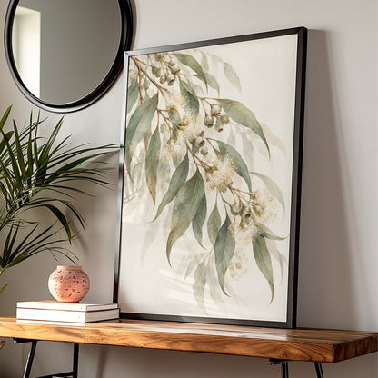 Eucalyptus Blossom Print, Australian Botanical Wall Art, Watercolour Gum Leaves Poster — Digital Download