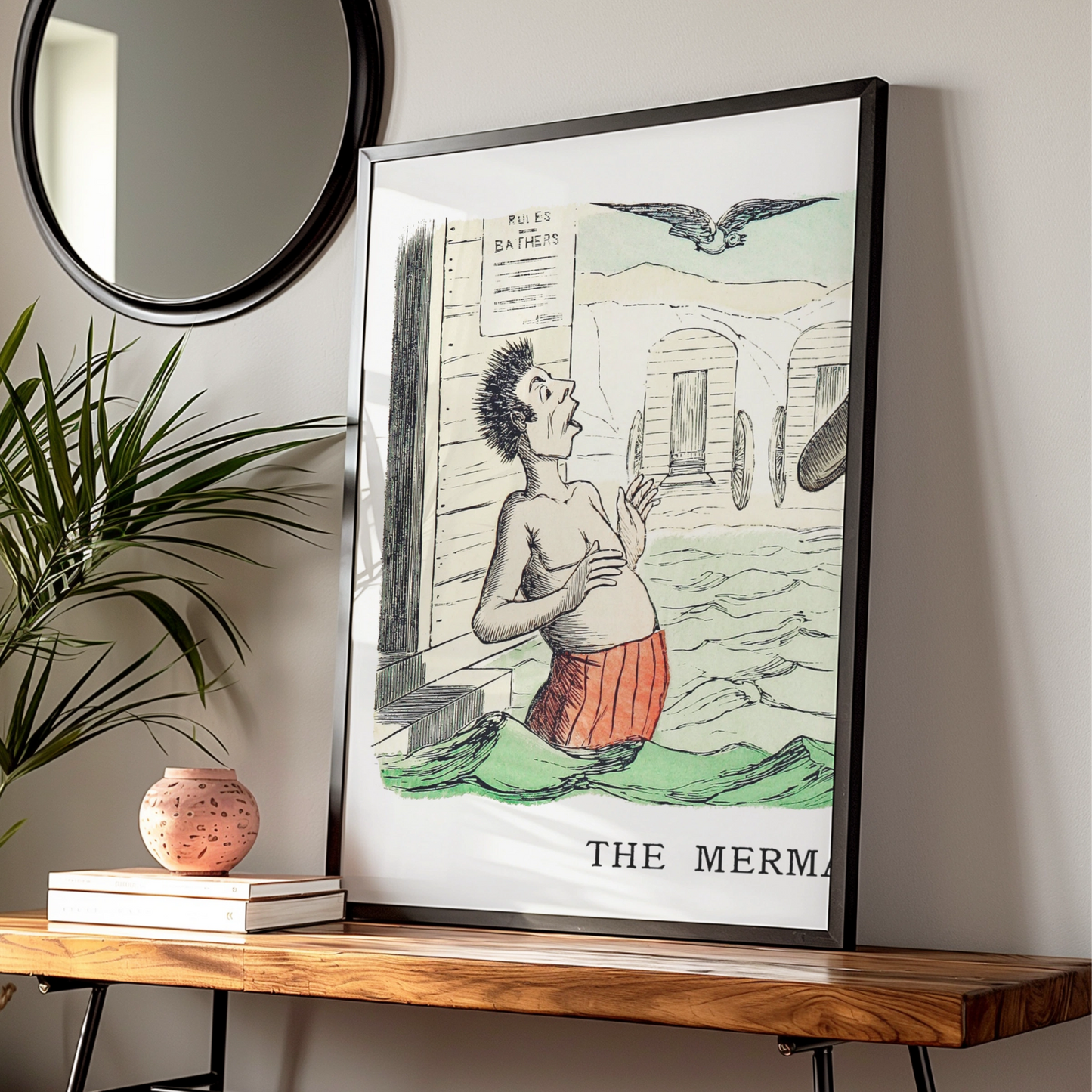 Vintage Bathing Comic Poster, Victorian Beach Humour Wall Art, Antique Seaside Print
