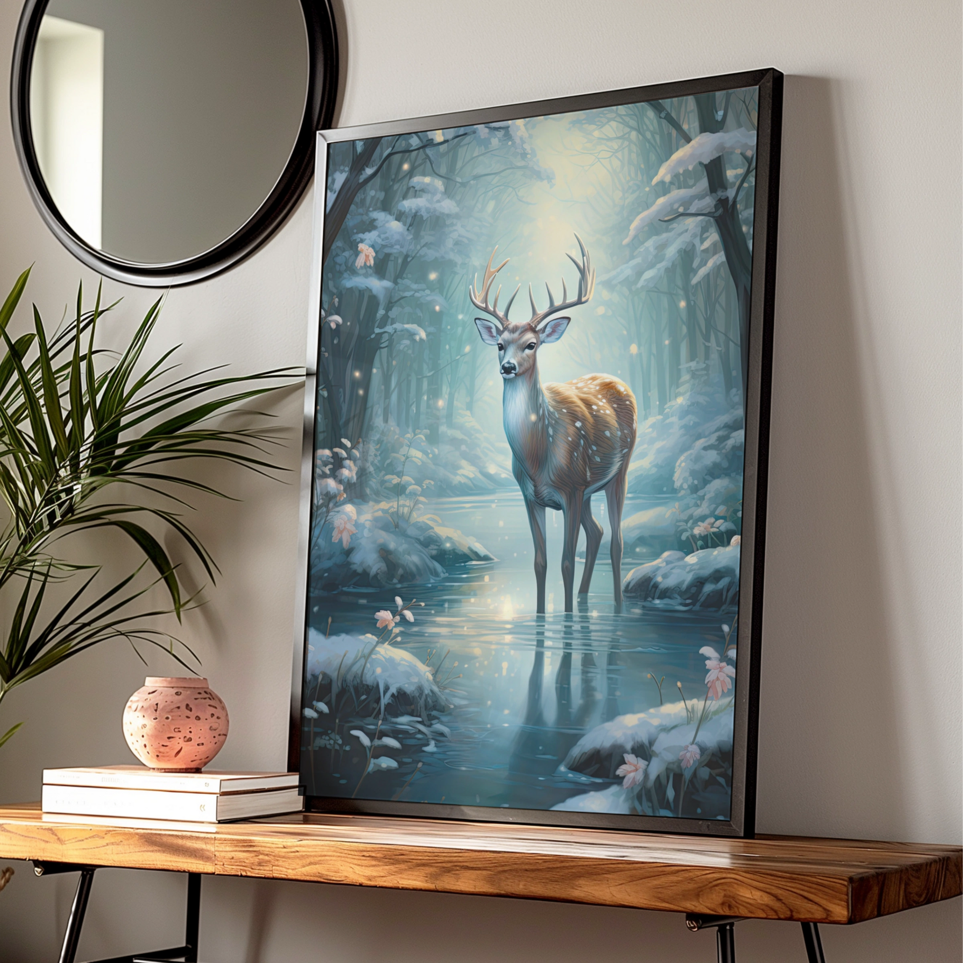 Christmas Deer Poster, Winter Forest Stag Wall Art, Magical Snow Scene, Festive Nature Print