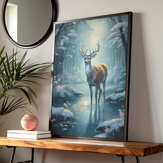Christmas Deer Poster, Winter Forest Stag Wall Art, Magical Snow Scene, Festive Nature Print