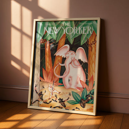New Yorker 1929 Pink Elephant Jungle Cover Art Poster, Vintage Magazine Wall Art