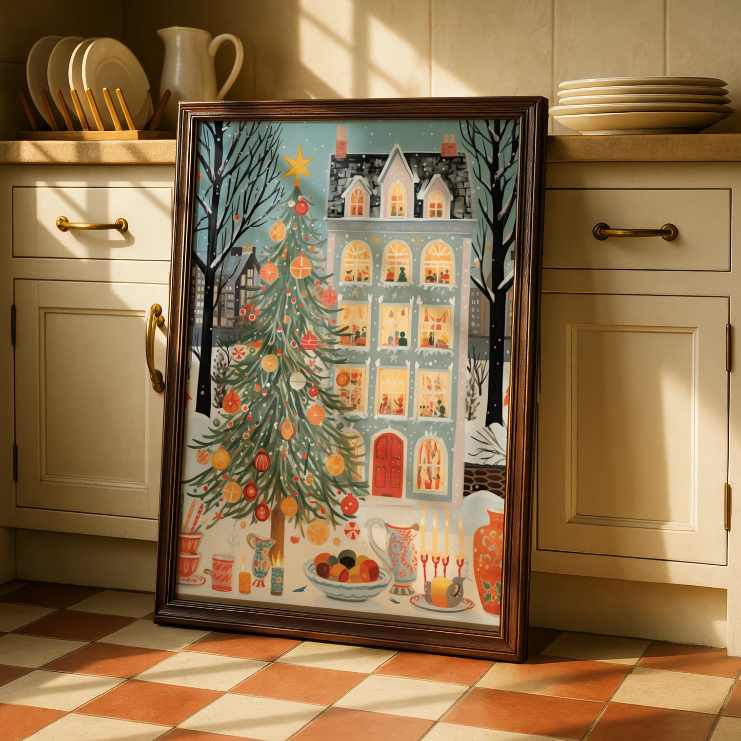 Christmas Tree Poster, Festive Winter Street Scene, Cosy Holiday Wall Art Print