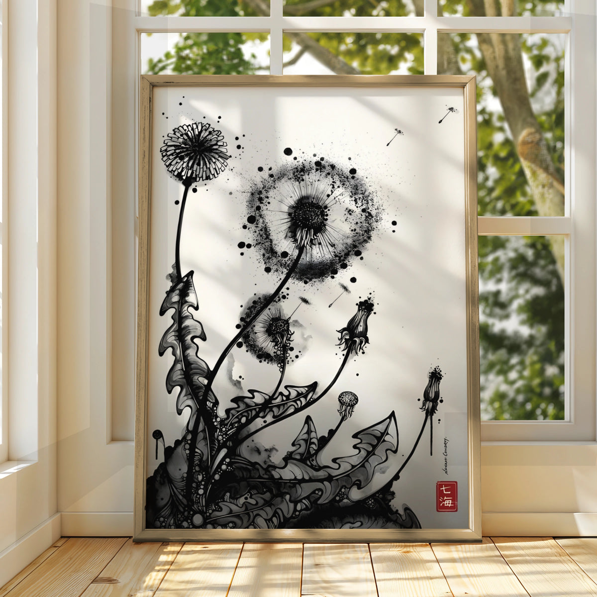 Dandelion Ink Art Print, Black and White Botanical Poster, Monochrome Wall Art, Modern Floral Decor