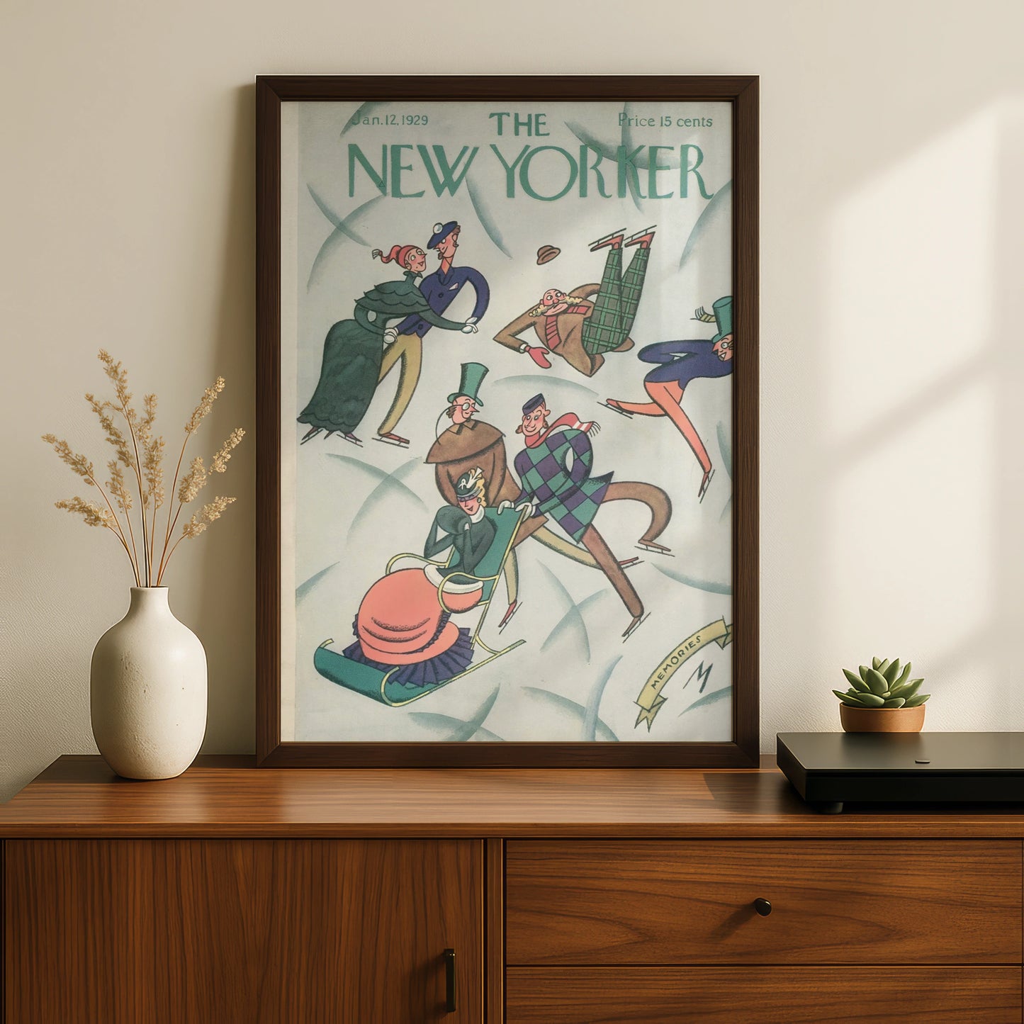 New Yorker 1929 Ice Skating Cover Poster, Vintage Winter Art Print, Retro Wall Art