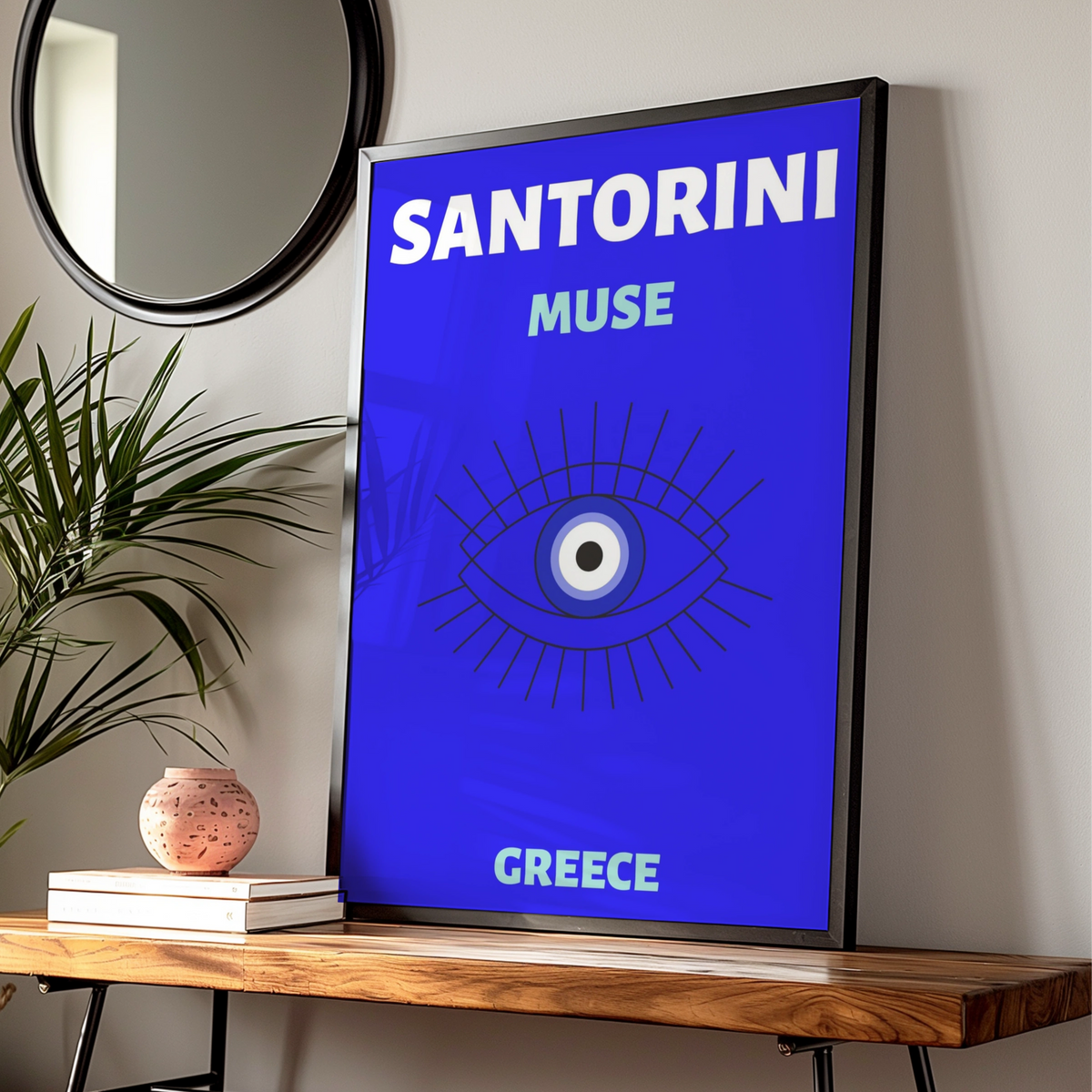 Santorini Greece Travel Poster, Evil Eye Wall Art, Greek Island Retro Print