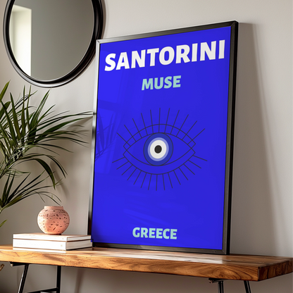 Santorini Greece Travel Poster, Evil Eye Wall Art, Greek Island Retro Print