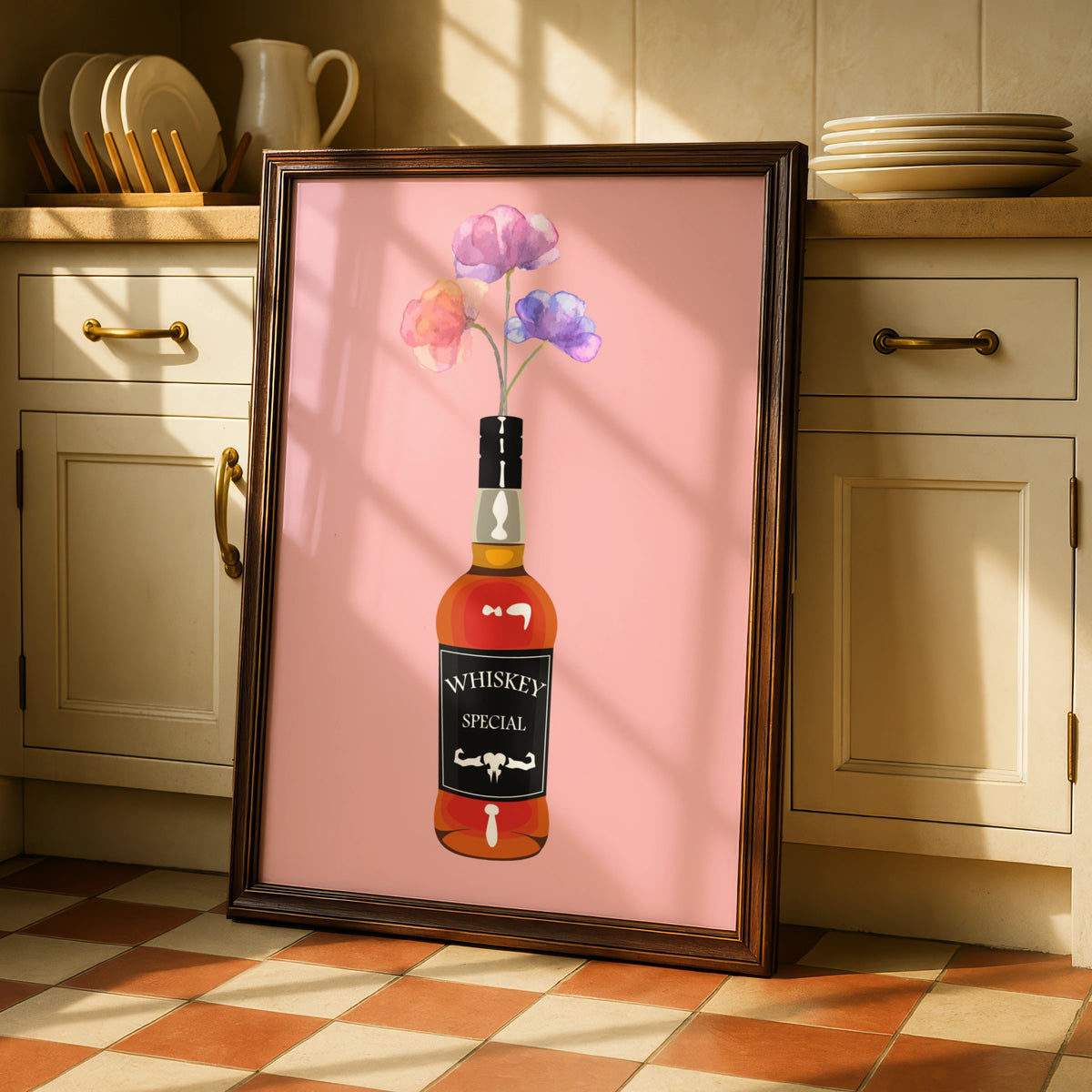Whiskey Bottle Floral Maximalist Poster, Pink Bar Wall Art, Bold Drinks Print