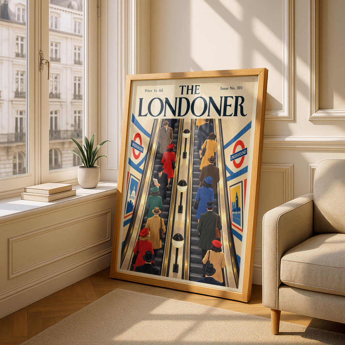 London Underground Escalator Poster, Vintage Magazine Cover Wall Art, Retro Travel Art Print