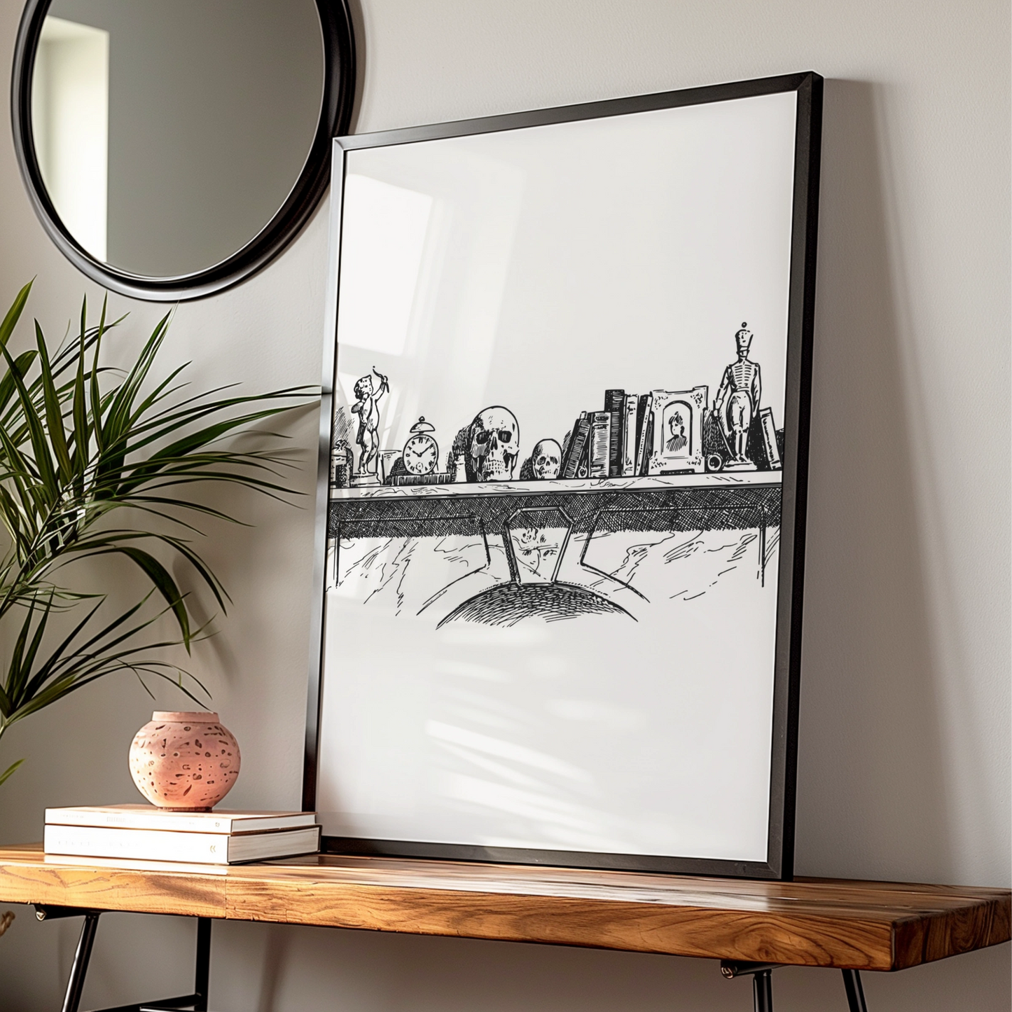 Halloween Skull Shelf Art Print, Gothic Curiosity Cabinet Poster, Dark Academia Wall Art