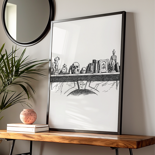 Halloween Skull Shelf Art Print, Gothic Curiosity Cabinet Poster, Dark Academia Wall Art