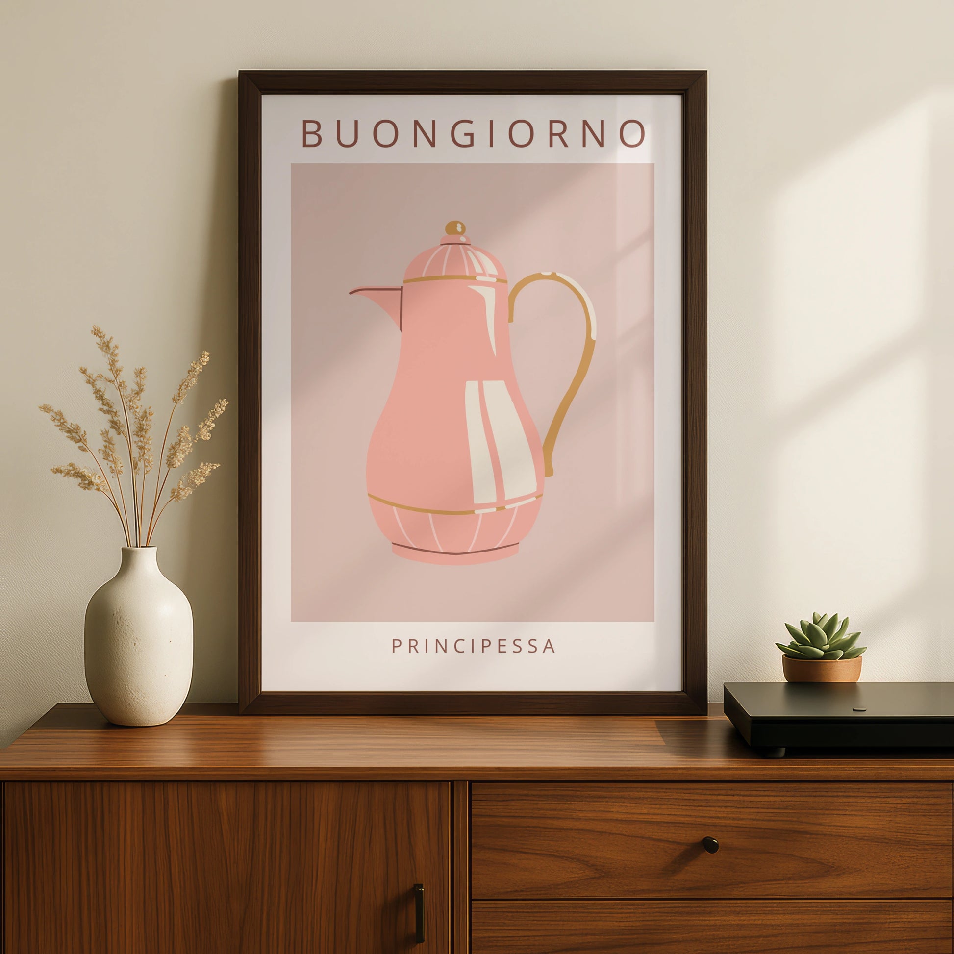 Buongiorno Principessa Coffee Pot Poster, Pink Kitchen Wall Art, Italian maximalist print