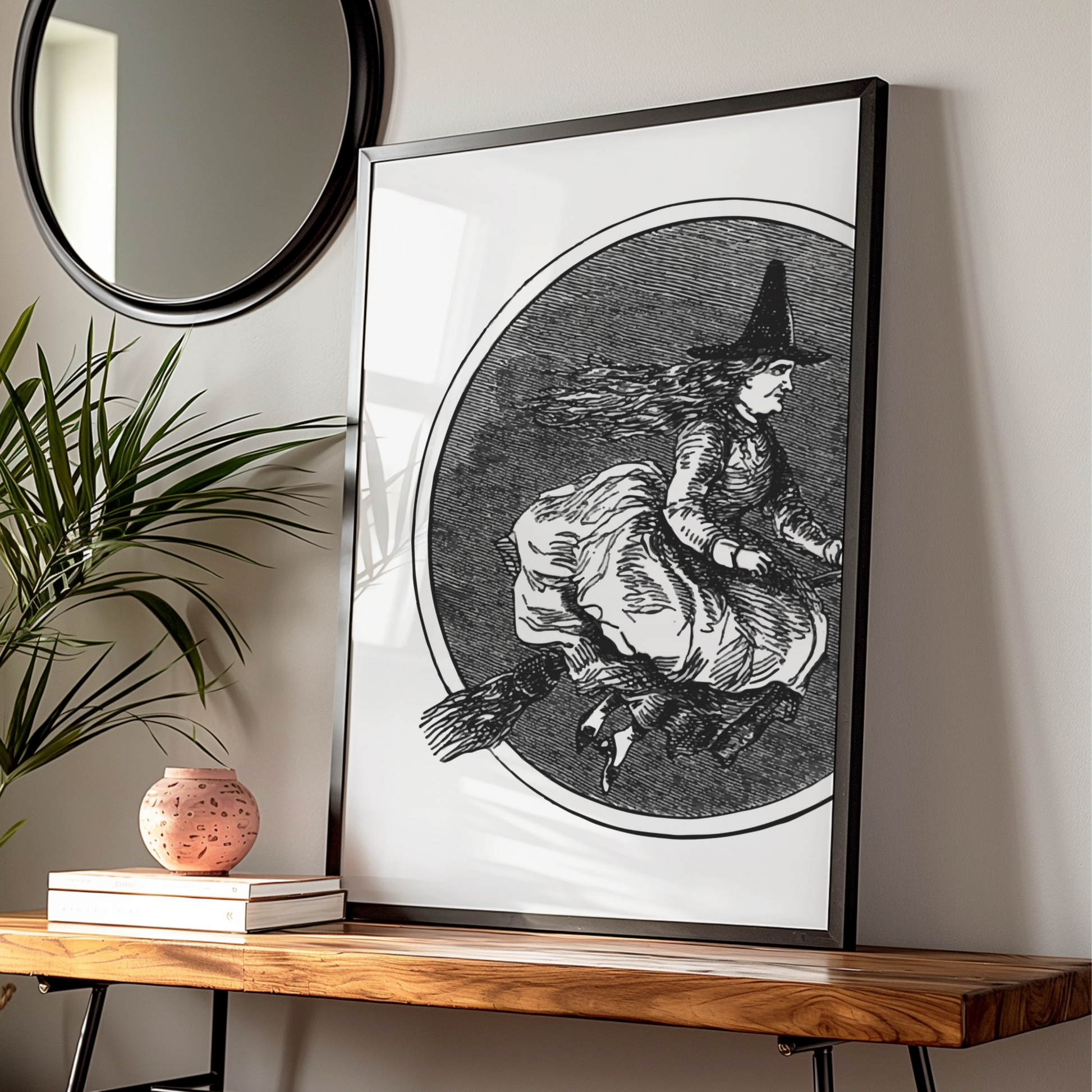 Vintage Witch On Broomstick Halloween Art Print, Gothic Wall Poster, Black White