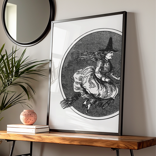 Vintage Witch On Broomstick Halloween Art Print, Gothic Wall Poster, Black White