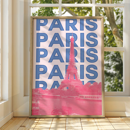 Paris Travel Poster, Eiffel Tower Wall Art, Retro France Print, Pink Blue Modern City Decor