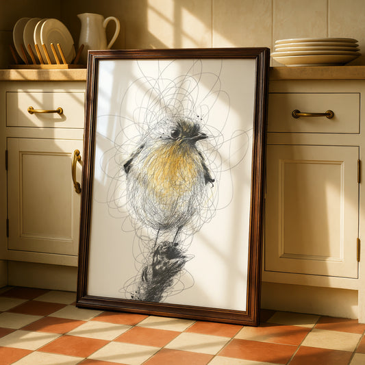 Robin Bird Sketch Art, Monochrome Wall Art, Black and White Bird Poster, Modern Print