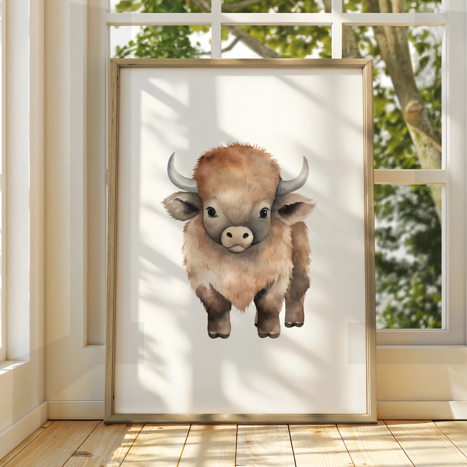 Baby Bison Nursery Wall Art, Watercolour Buffalo Print, Kids Room Animal Poster