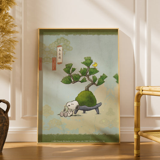 Japanese Bonsai Pine Poster, Cartoon Dog Wall Art, Powder Blue Kokedama Art Print for Bedroom