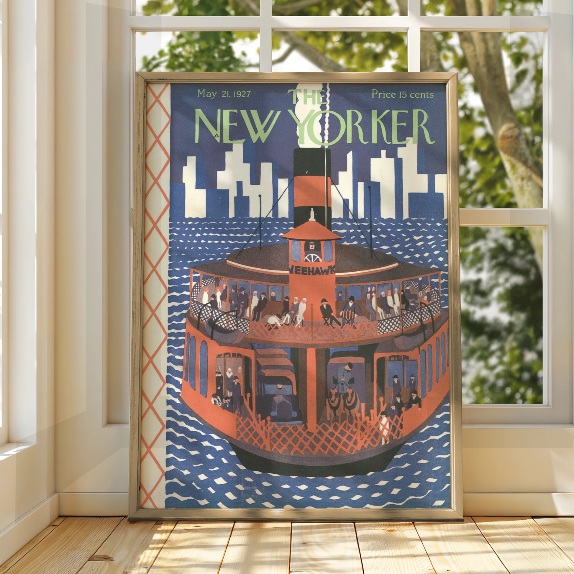 The New Yorker May 1927 Ferry Boat Poster, Vintage NYC Skyline Wall Art Print
