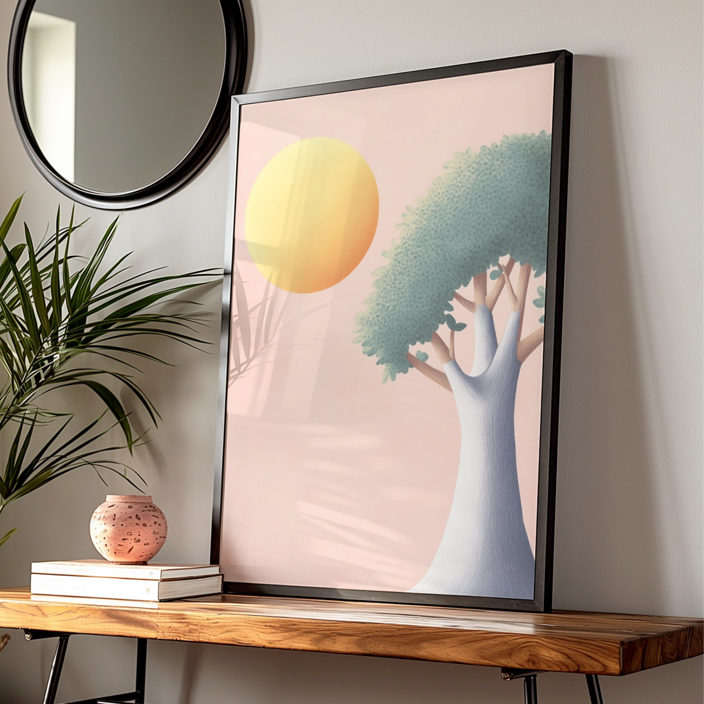 Nursery Tree Wall Art, Pastel Sun Print, Baby Room Poster, Soft Pink Children's Decor
