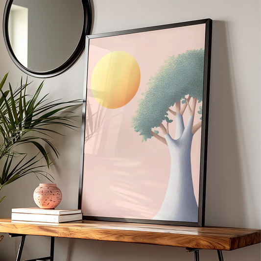 Nursery Tree Wall Art, Pastel Sun Print, Baby Room Poster, Soft Pink Children's Decor