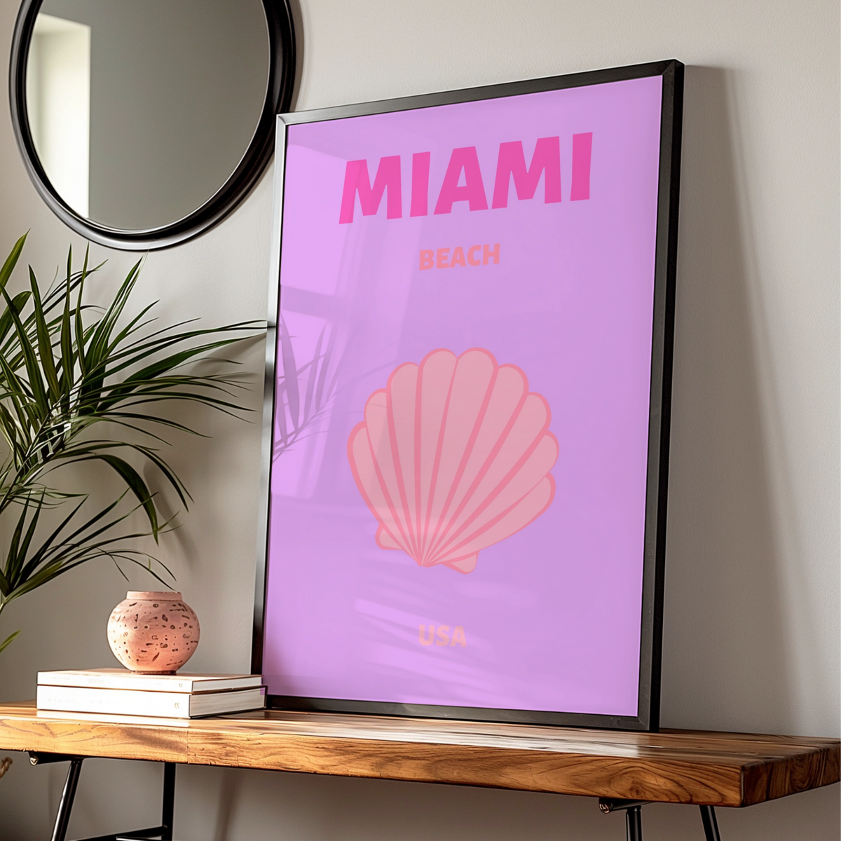 Miami Beach Travel Poster, Florida USA Wall Art, Retro Pink Coastal Print, Seashell