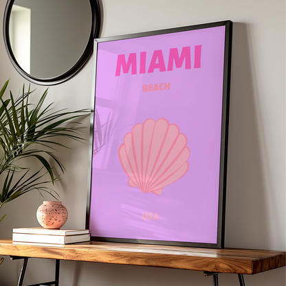Miami Beach Travel Poster, Florida USA Wall Art, Retro Pink Coastal Print, Seashell