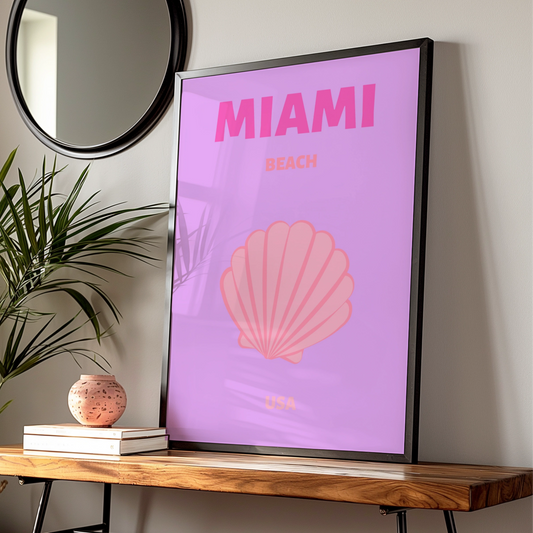 Miami Beach Travel Poster, Florida USA Wall Art, Retro Pink Coastal Print, Seashell — Digital Download