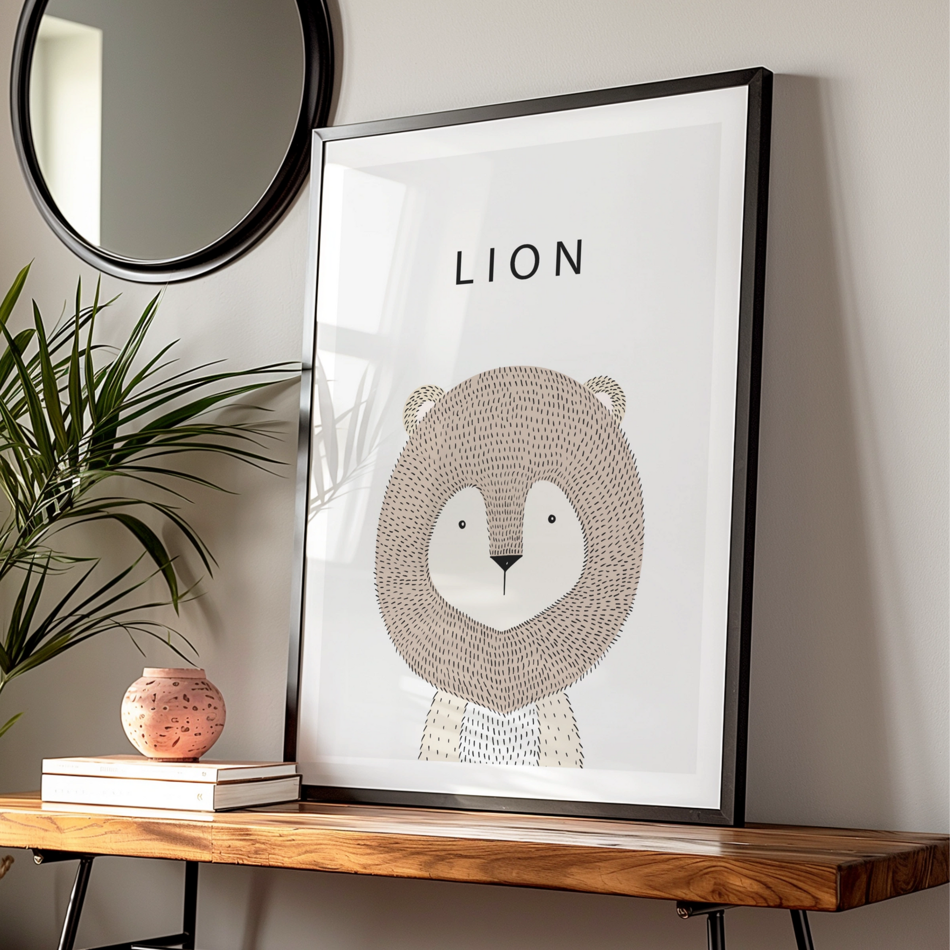 Lion Nursery Poster, Cute Animal Print, Minimalist Kids Wall Art, Neutral Beige Scandi Decor