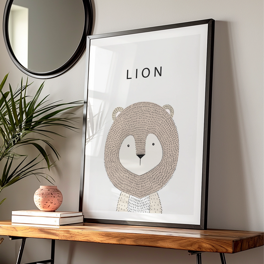 Lion Nursery Poster, Cute Animal Print, Minimalist Kids Wall Art, Neutral Beige Scandi Decor