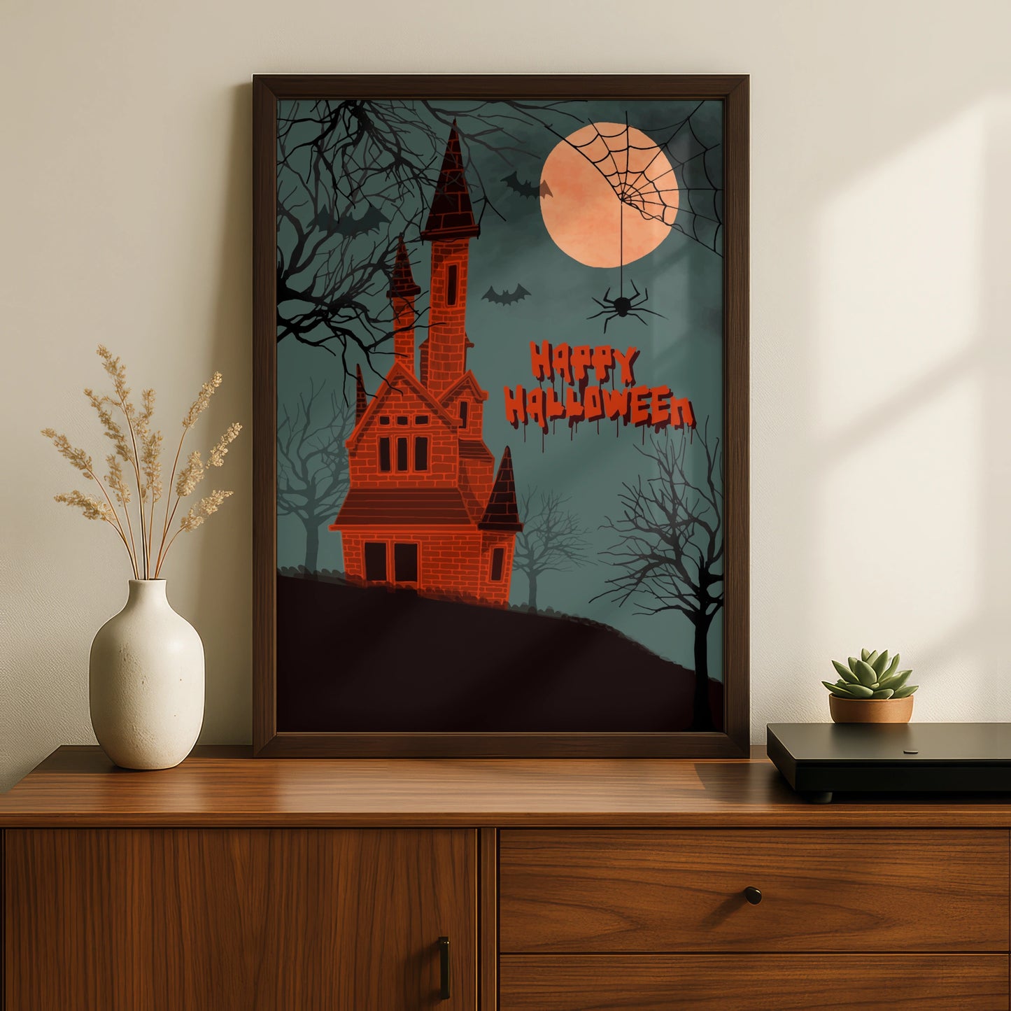 Happy Halloween Haunted House Poster, Spooky Castle Wall Art, Bats Full Moon Print