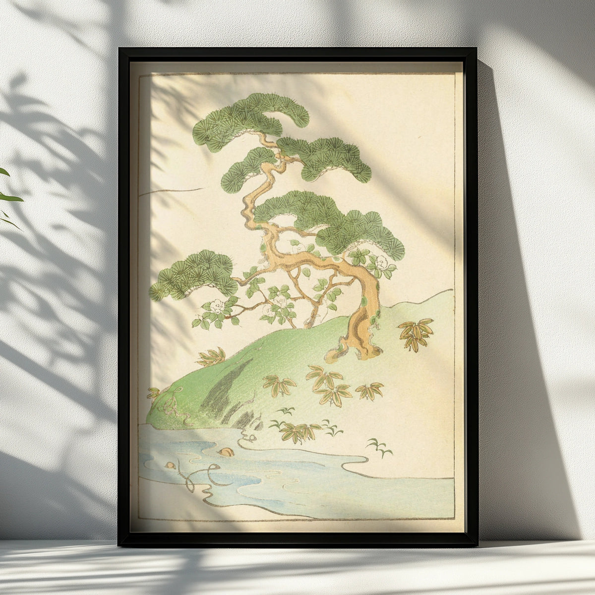Japanese Pine Tree Woodblock Wall Art, Vintage Japandi Botanical Print, Minimalist Japanese Poster – A4 Black frame