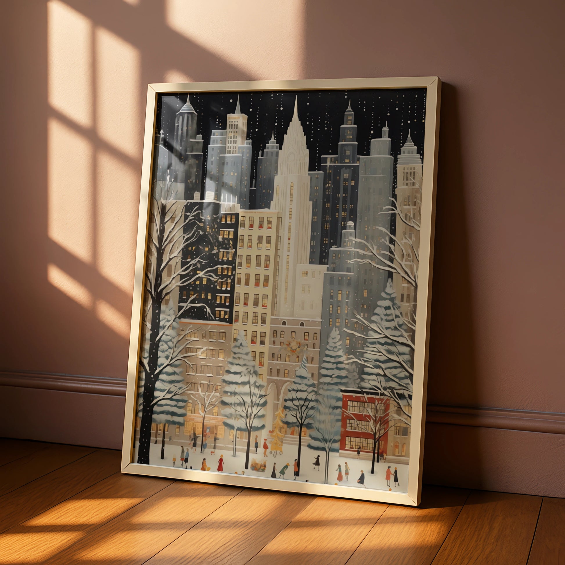 Christmas New York City Poster, Winter Snowfall Skyline Art, Festive NYC Wall Art Print