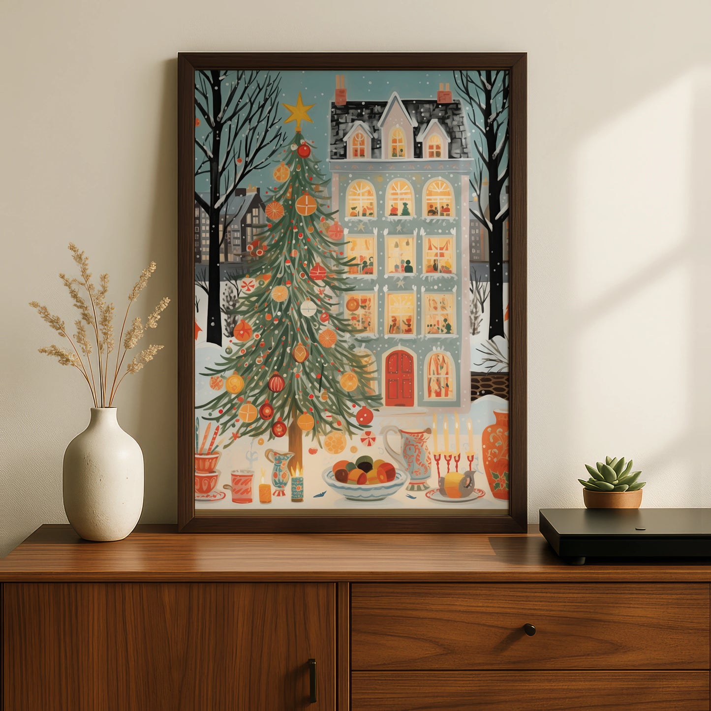 Christmas Tree Poster, Festive Winter Street Scene, Cosy Holiday Wall Art Print