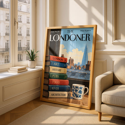 The Londoner Poster, London Skyline Wall Art, Vintage Magazine Cover Art Print, Books and Shard