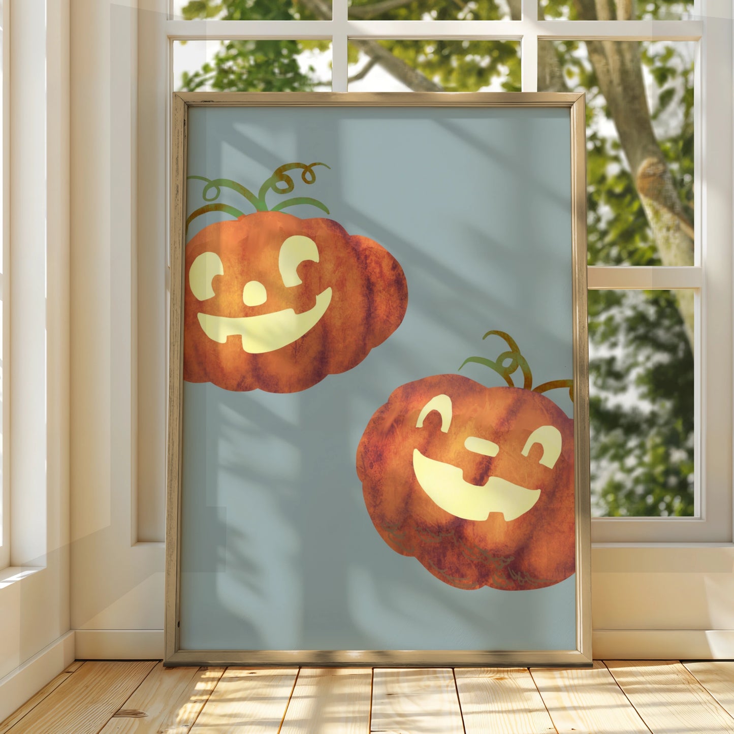 Halloween Pumpkin Wall Art, Jack O Lantern Poster, Cute Spooky Autumn Print, Orange Blue