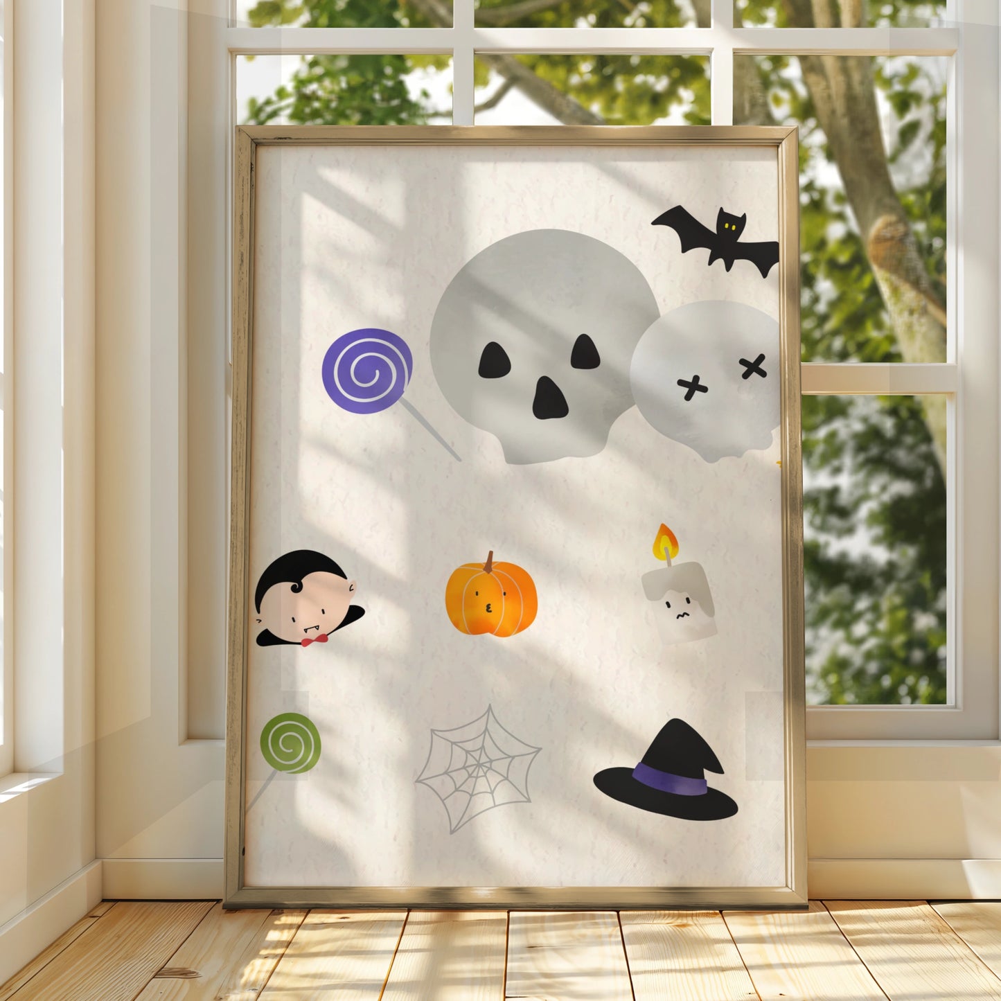 Cute Halloween Wall Art, Spooky Icons Poster, Skull Bat Pumpkin Witch Hat Print