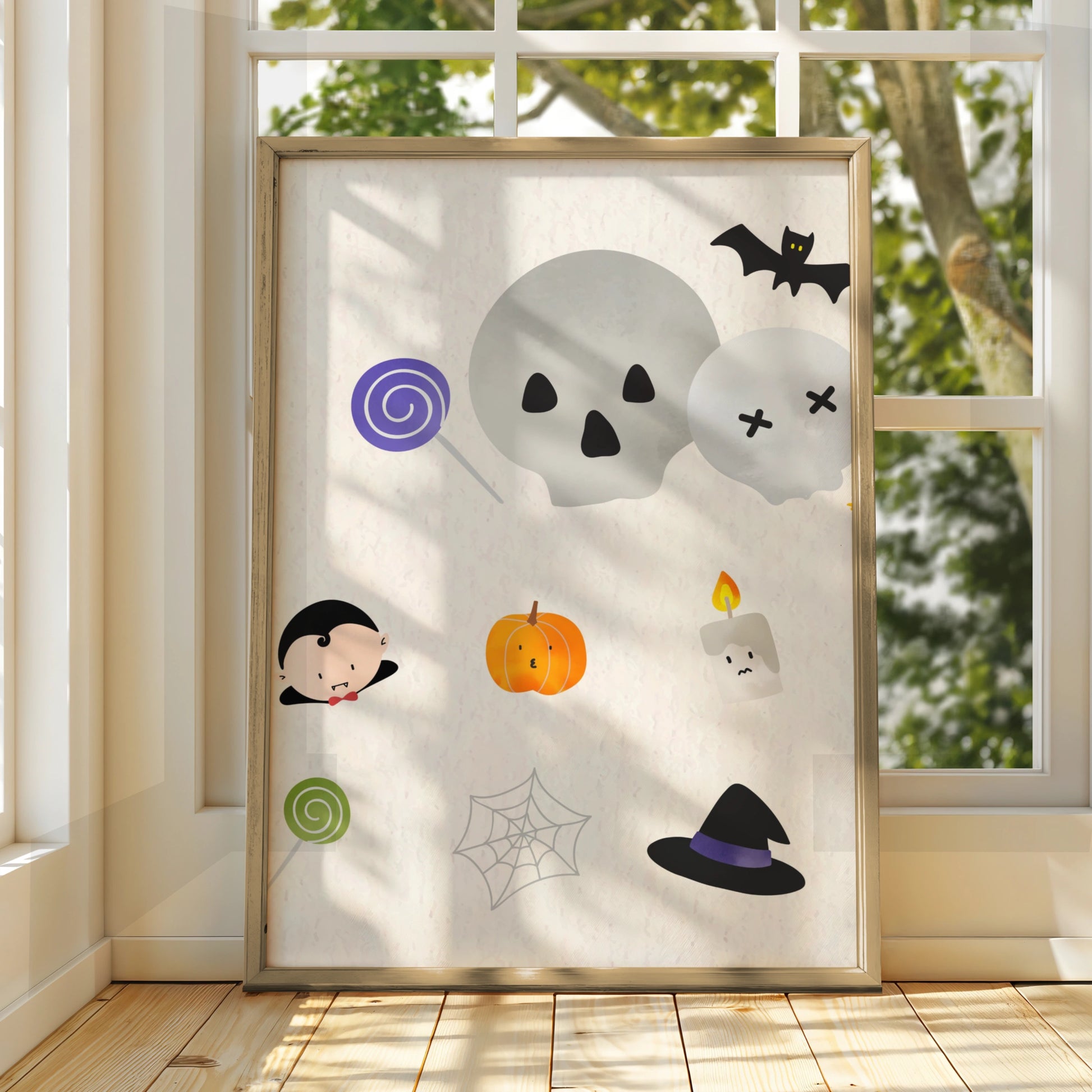 Cute Halloween Wall Art, Spooky Icons Poster, Skull Bat Pumpkin Witch Hat Print